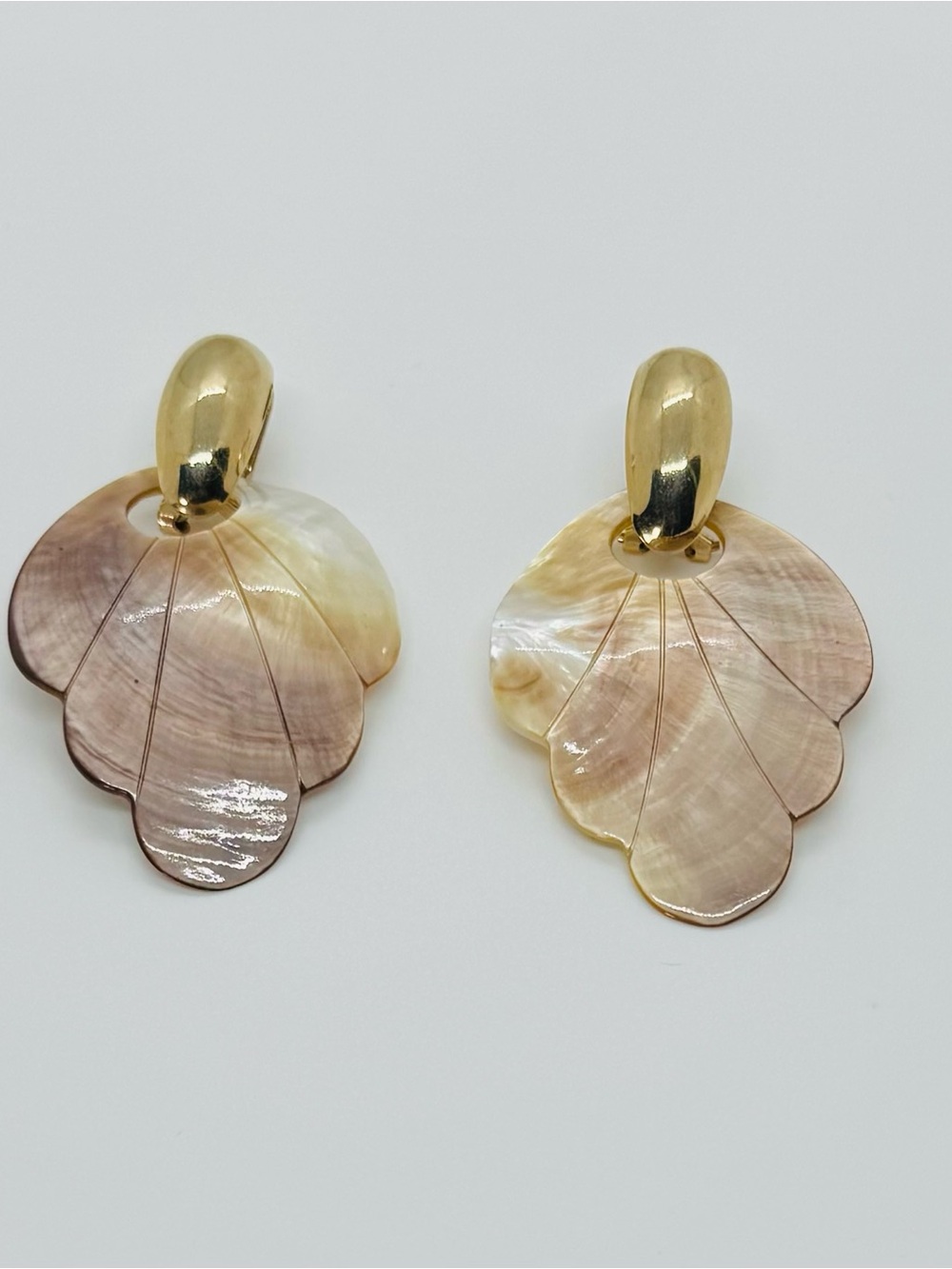Vintage Mother of Pearl Shell Clip-On Earrings- Gold Tone Statement Earrings